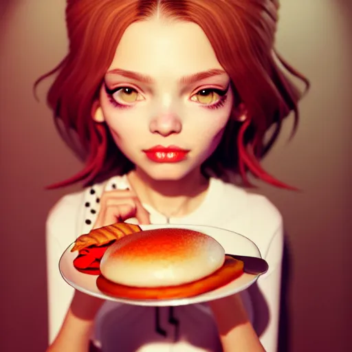 Image similar to girl, eating, good food, happy, slim, stylized, artstation, hd, cgsociety, cgi, realistic, dramatic, cinematic, artistic, trending, detailed