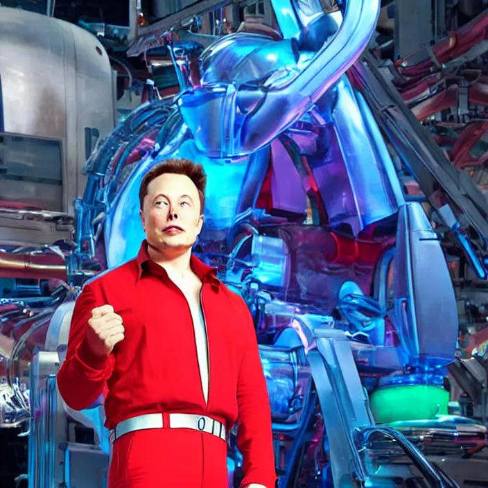 Image similar to elon musk as an evil character in totally spies, in front of a complex machine, scheming and plotting his revenge. bright, rich, colorful. full body shot, well lit