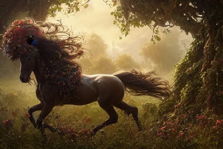 Prompt: a stunning horse with a mane of vines and flowers by greg rutkowski, high key lighting, volumetric light, digital art, highly detailed, fine detail, intricate, ornate, complex, octane render, unreal engine, photorealistic