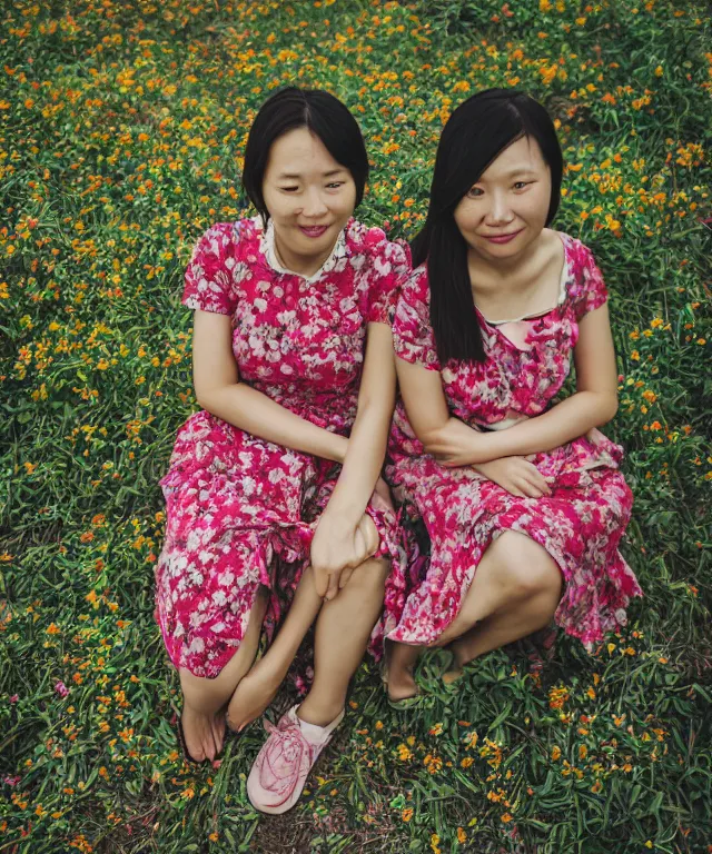 Prompt: color photography of two women in floral dress in taiwan