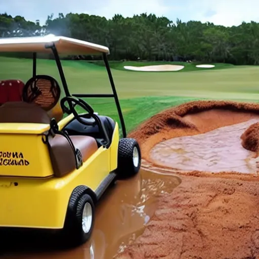 Prompt: golf cart obstacle course with sand traps, flowing water, lava, giant spiders. directed by steven spielberg. cinematic