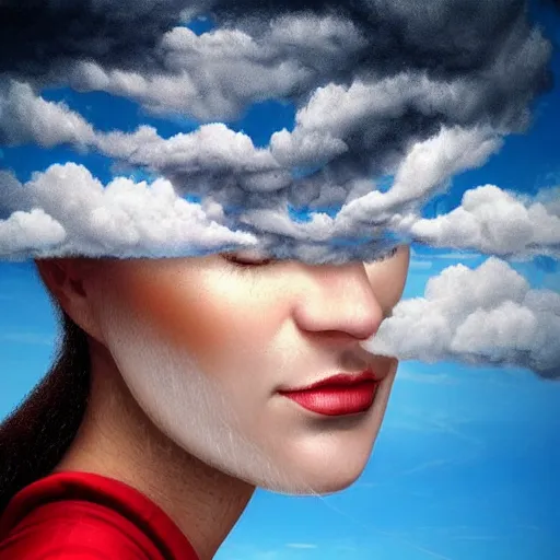 Image similar to a woman's head with clouds in the background, an airbrush painting by igor morski, behance contest winner, fantasy art, daz 3 d, behance hd, airbrush art