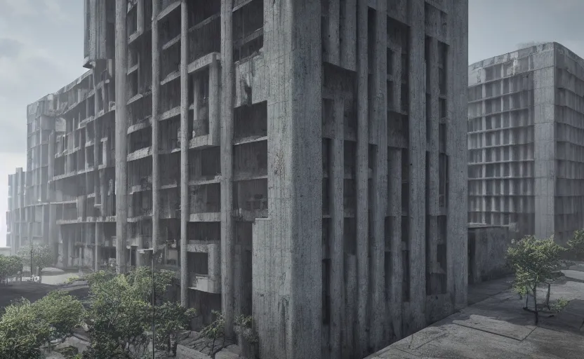 Image similar to Brutalist architecture buildings, octane render, artstation trending, horror scene, highly detailded