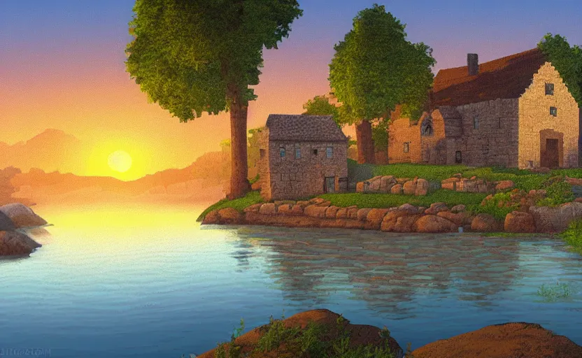 Image similar to a medieval stone house near a river at sunset, pixel art style, HD, cartoon, high quality, sun reflection on the water, beautiful