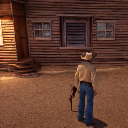 Prompt: A cowboy mid-teleport in an old west town. Long shot, 4k ultra-realistic, warm lighting