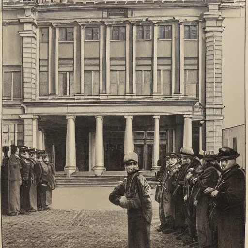 Image similar to by william henry hunt ornamented. the experimental art of a police station in the lithuanian city of vilnius. in the foreground, a group of policemen are standing in front of the building, while in the background a busy street can be seen.