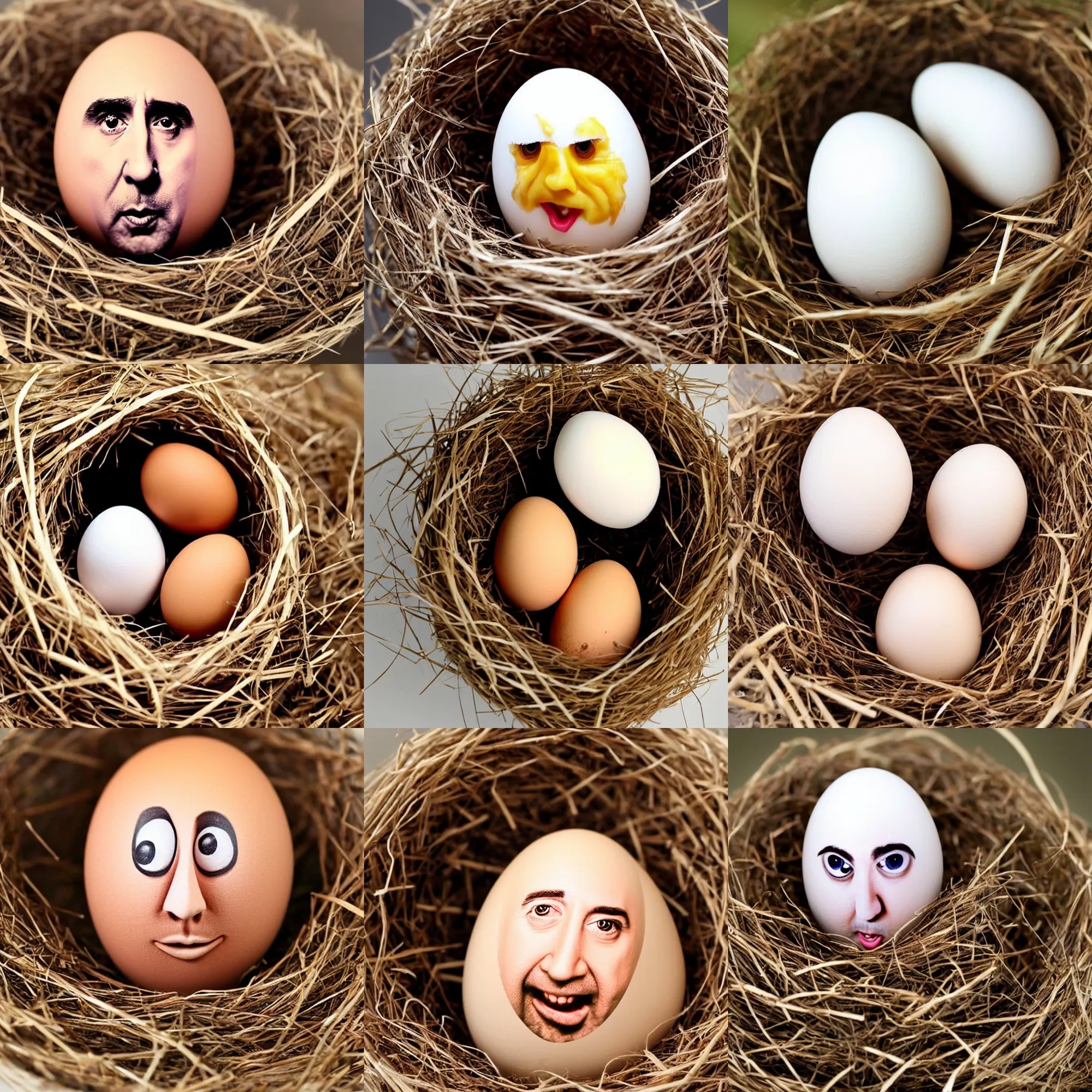 Prompt: an unhatched egg that looks like nicolas cage, nicolas cage's face on an egg, in a nest, macro shot, high detail photo, close up, cute, adorable, smiling