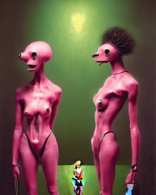 Image similar to hyperrealistic hyperdetailed postmodern furry mechanical iridescent pink humanoids performing concept art santiago caruso de chirico sharp very dramatic green light 8k low angle shallow depth of field