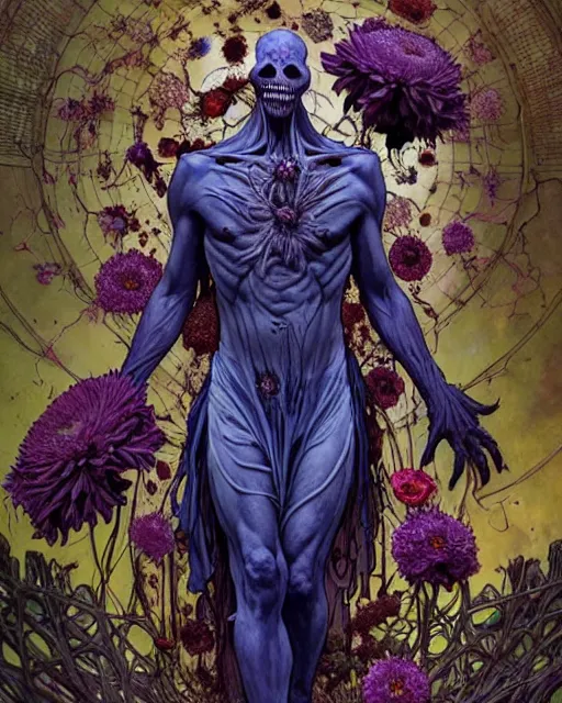 Image similar to the platonic ideal of flowers, rotting, insects and praying of cletus kasady ultimate carnage thanos dementor doctor manhattan chtulu nazgul davinci, detailed, intricate, hyperrealism, intense, scary, decay, dmt, art by brock hofer and artgerm and greg rutkowski and alphonse mucha and simon stalenhag