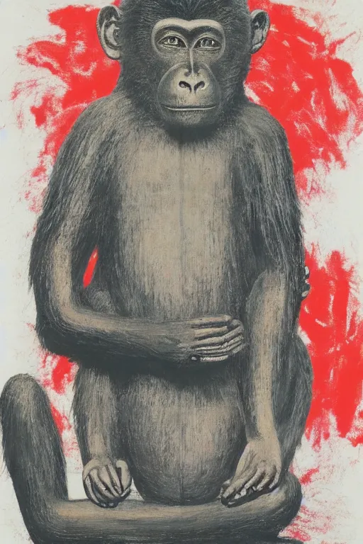 Image similar to meditating monkey in the lotus position painted by cy twombly and andy warhol