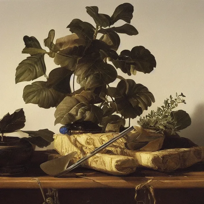 Image similar to still life painting of master sword and greenery by pieter claesz, oil on canvas, strong lighting, highly detailed, hyper realism, golden hour, god rays, hd, 4 k