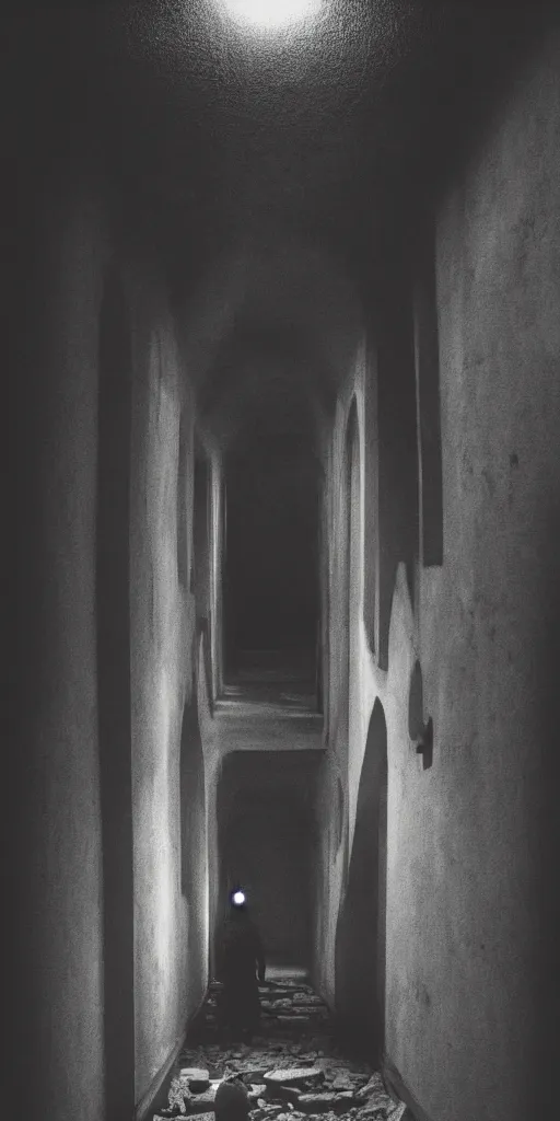 Image similar to a wretched figure at the end of a long hallway reaches out from the darkness, backlit, moonlight,