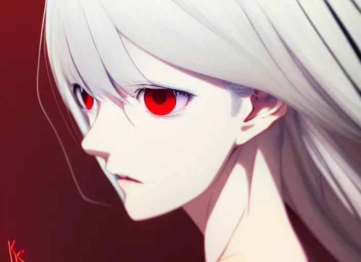 Prompt: anime visual, portrait of a white haired girl with red eye in her interior, cute face by ilya kuvshinov, yoshinari yoh, makoto shinkai, katsura masakazu, dynamic perspective pose, detailed facial features, kyoani, rounded eyes, crisp and sharp, cel shad, anime poster, ambient light