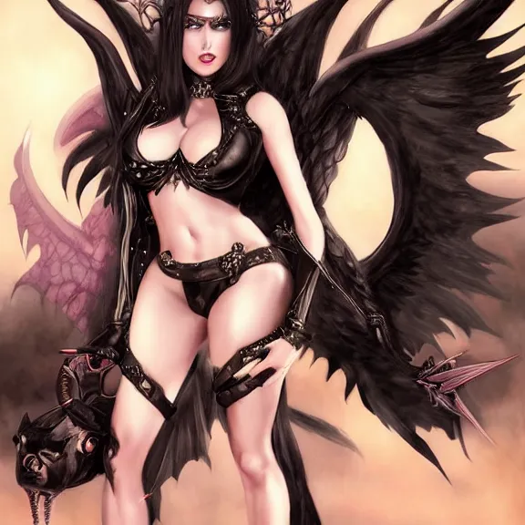 Image similar to portrait of a succubus with big wings and cleavage, in black leather pants, D&D, fantasy, highly detailed, digital art, artstation, smooth, sharp focus, illustration, art by Peter Tang