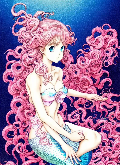 Image similar to manga of beautiful mermaid girl, curls hair, rococo ruffles dress, pastel rainbow, pearlescent, shimmering, reflective, rim light, detailed background, by takeshi obata, katsuhiro otomo, takato yamamoto, illustration, dark fantasitc, artstation, concept art, highly detailed, colorful, maximalist