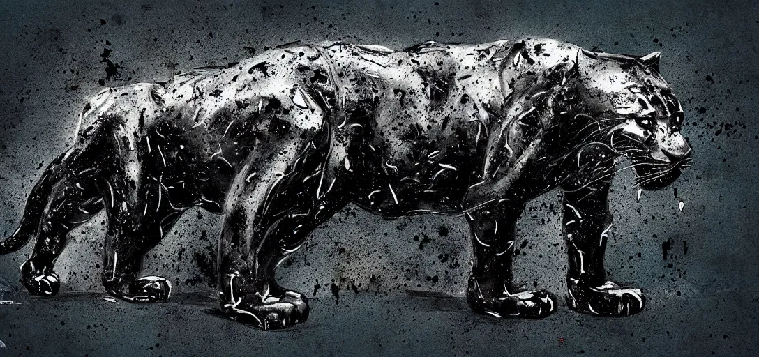 Image similar to a panther, made of tar, in a suburban backyard, sticky, full of tar, covered with tar, dripping tar, dripping tar, splattered tar, sticky tar. concept art, reflections, black goo, animal drawing