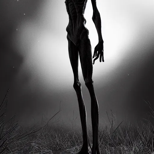 Image similar to photorealistic detailed tall skinny humanoid creature, extremly detailed, black and white, 8 k, realistic, sharp focus, cosmic horror creature, cosmic horror