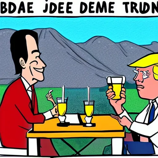 Image similar to cartoon drawing of Biden and Trump together drinking a lemon drink with Rio de Janeiro mountains on the background