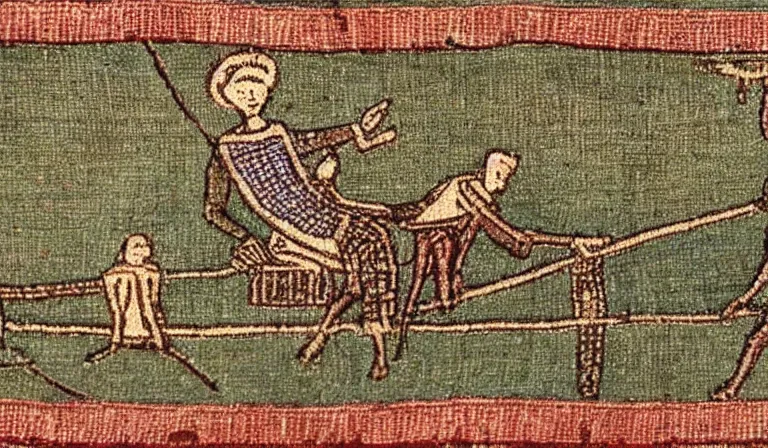 Prompt: Flying saucer on the bayeux tapestry, medieval style