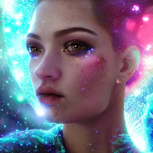 Prompt: portrait of a magical fairy made of galaxies, highly detailed, realistic, octane render, comic book art, space travel, unreal engine, sharp focus, cinematic