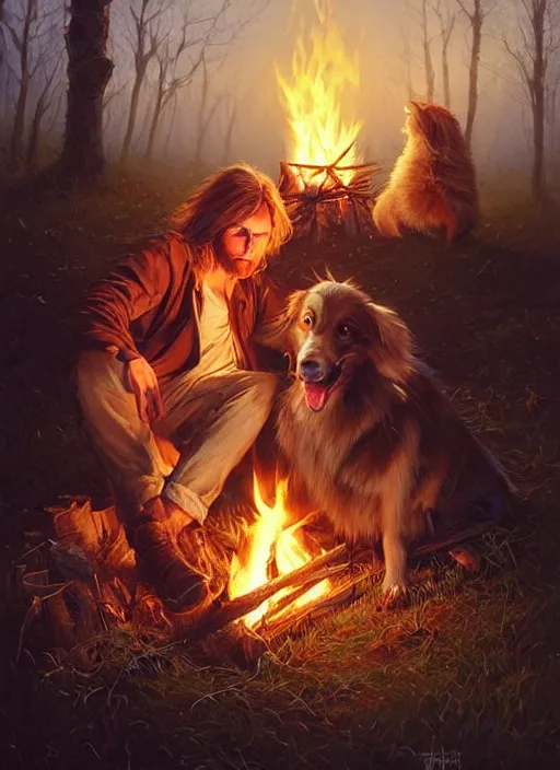 Image similar to highly detailed portrait of long - haired blonde hillbilly around a bonfire with his fluffy australian shepherd, stephen bliss, art by greg rutkowski, loish, rhads, ferdinand knab, makoto shinkai and lois van baarle, artgerm, pixar, ilya kuvshinov, rossdraws, tom bagshaw, global illumination