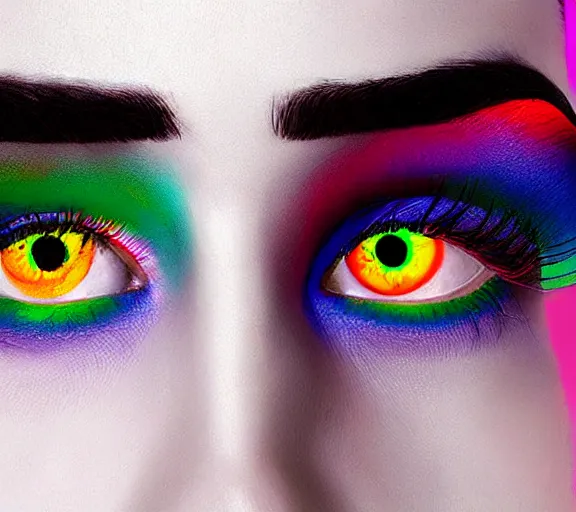 Prompt: extremely beautiful young man with hyperealistic glossy rainbow eyes, digital art, vivid background seductive look.