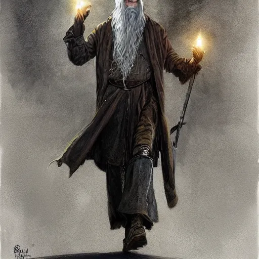 Image similar to gandalf, steampunk, full body, fine details, magic, depth, painted by seb mckinnon, high detail, digital art, painted by greg rutkowski, trending on artstation