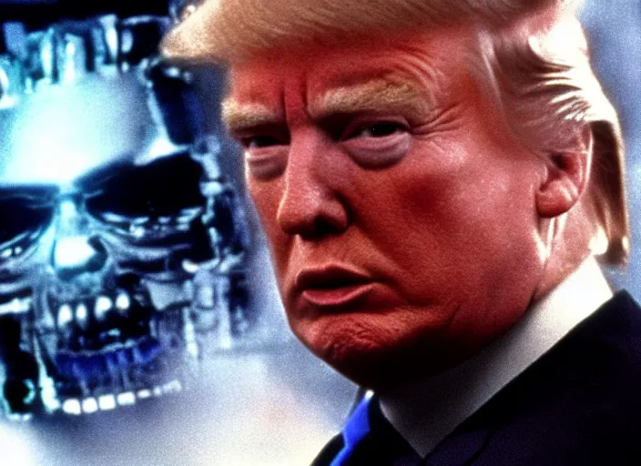 Prompt: film still donald trump is terminator, his endoskelet is exposed, 8 k