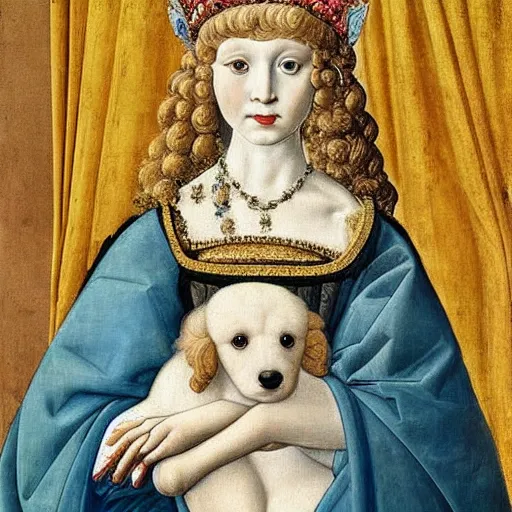 Prompt: portrait of a white poodle dog as an italian queen, painting by botticelli, 1 4 8 0 s