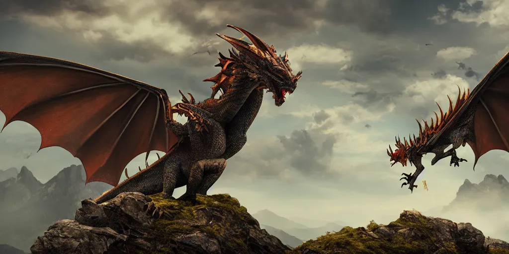 Image similar to One dragon with half open wings on the top of a mountain, epic composition, detailed and intricate image, cinematic, 4K