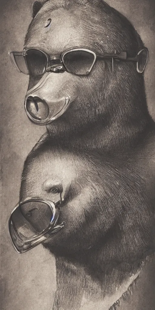 Image similar to a detailed portrait of a humanoid bear man wearing aviators