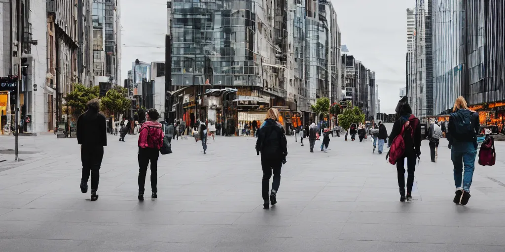 Prompt: three people are walking in the city, wide - shot, professional color photograph