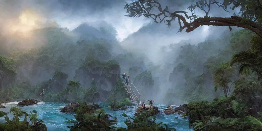 Prompt: jungle rainforest cliffs with treehouse village. tiered catwalks and rope bridges. wooden cabins. foggy valley and mountains fading into the distance, at sunset. waterfalls. neverland. peter pan kids wearing war paint and headdresses, standing on the rope bridges. swimming in basalt lagoon. magic the gathering card art by greg rutkowski.