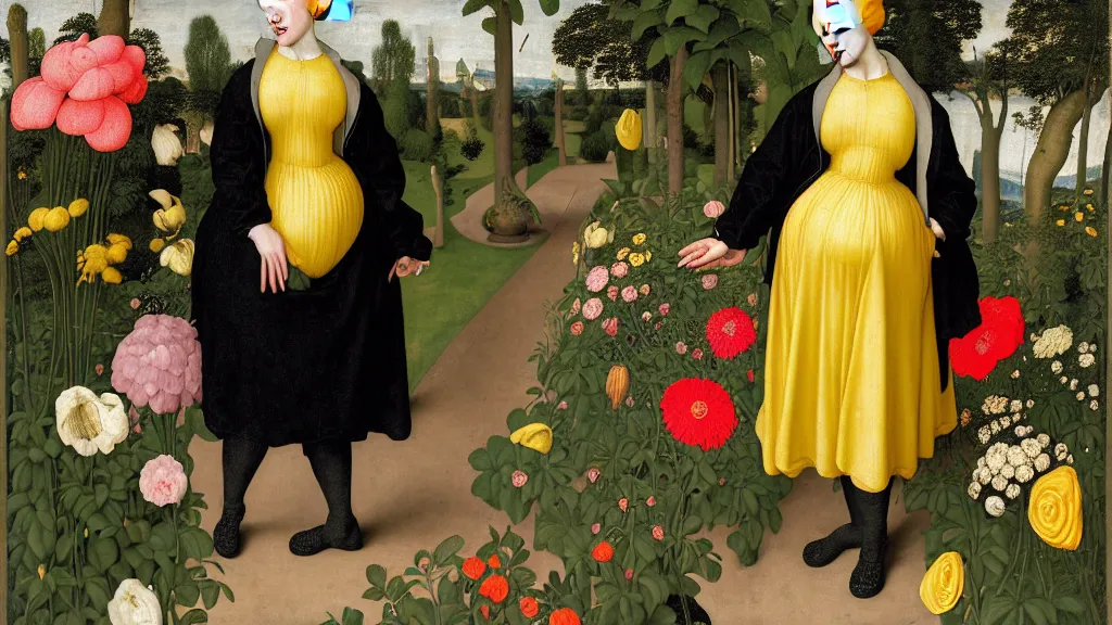 Image similar to portrait of a curvy woman with yellow hair buns, wearing a black raincoat and leggings, standing in a garden full of plants and flowers, intricate details, high detail, in the style of rogier van der weyden and jacopo da pontormo, punk