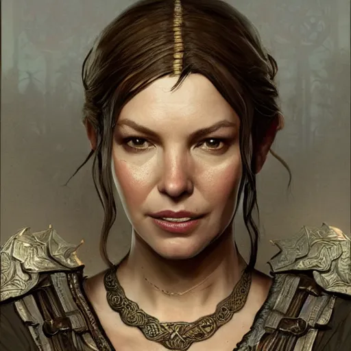 Prompt: Katherine Heigl as a NPC in a Skyrim loading screen, gorgeous, beautiful, intricate, highly detailed, digital painting, artstation, oppressive lighting, concept art, sharp focus, illustration, art by greg rutkowski and alphonse mucha