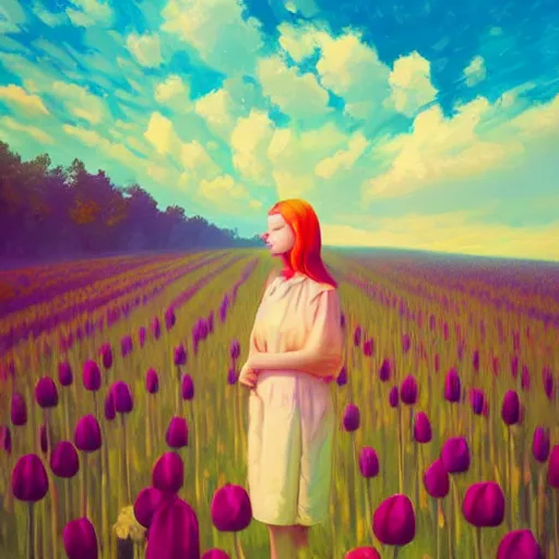 Image similar to girl with a giant tulip head, surreal photography, flower field, sunset dramatic light, impressionist painting, colorful clouds, blue sky, digital painting, artstation, simon stalenhag