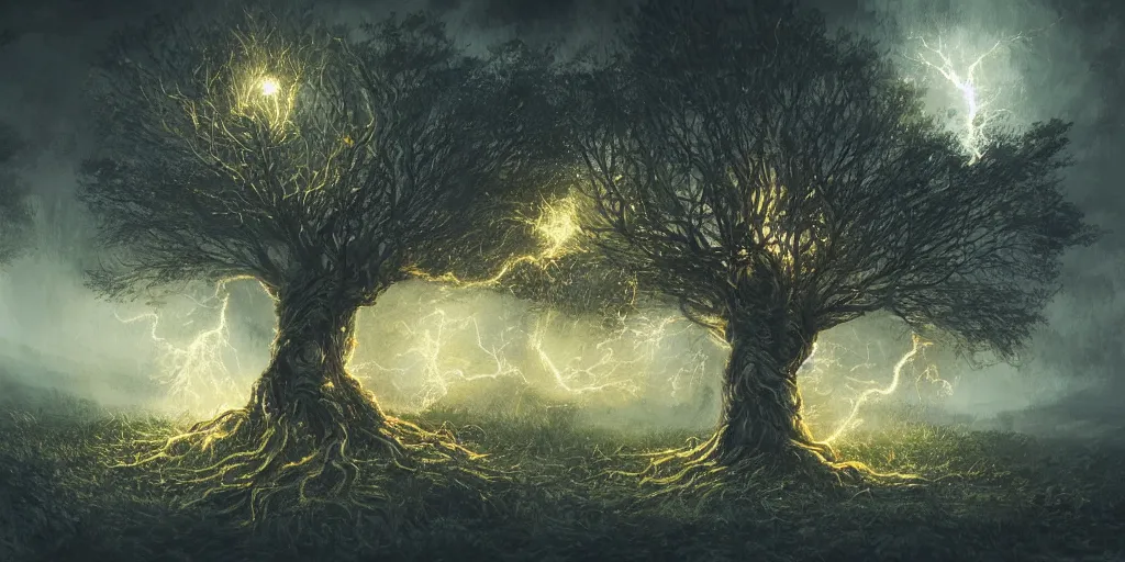 Image similar to a tree with lightning for leaves, overexposure, electricity, night, unreal engine, digital art, 8 k, oil painting, fantasy art, illustration, detailed and intricate environment