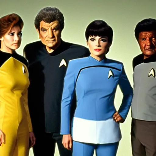 Prompt: realistic promotional photograph star trek next generation but everyone is columbo