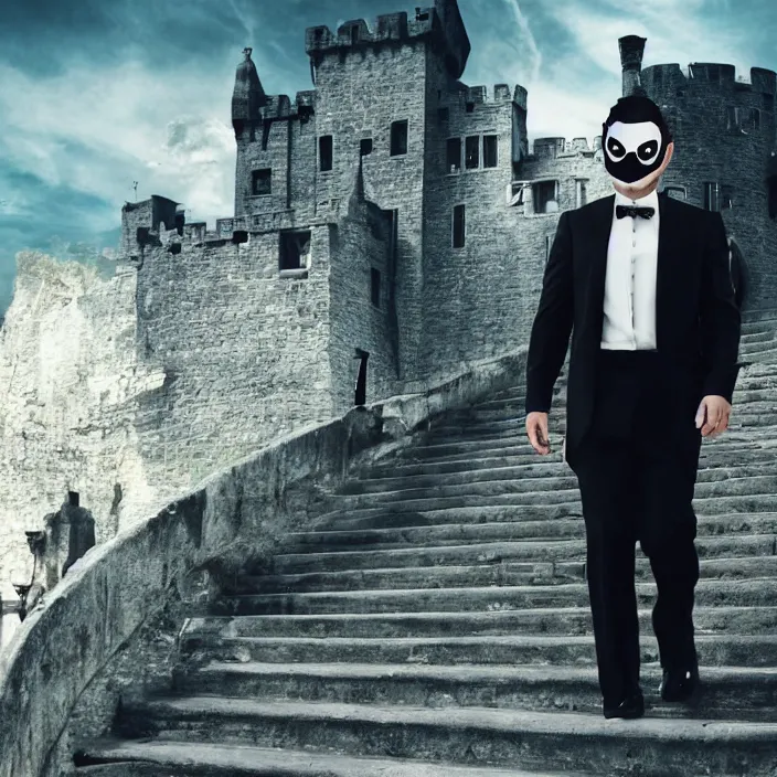 Image similar to cinematic movie, background is castle and steps, with a man wearing a silver melt mask, silver wavy long hair, black suit, 4 k