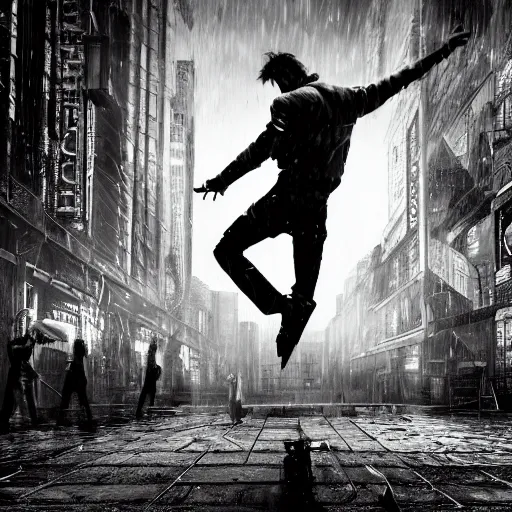 Image similar to a highly detailed epic cinematic black and white cyberpunk painting artwork inspired by Henri Cartier-Bresson's Behind Gare Saint-Lazare, man jumping over a puddle of water. World Press Photo winner, enhanced and corrected in Photoshop, octane render, excellent composition, cinematic atmosphere, dynamic dramatic cinematic lighting, aesthetic, very inspirational, arthouse