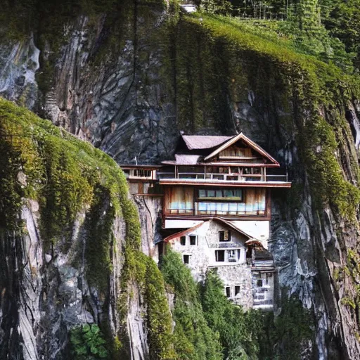 Prompt: a beautiful alpine lodge sitting precariously atop the side of a jutting cliffside, painted by yoshitaka amano