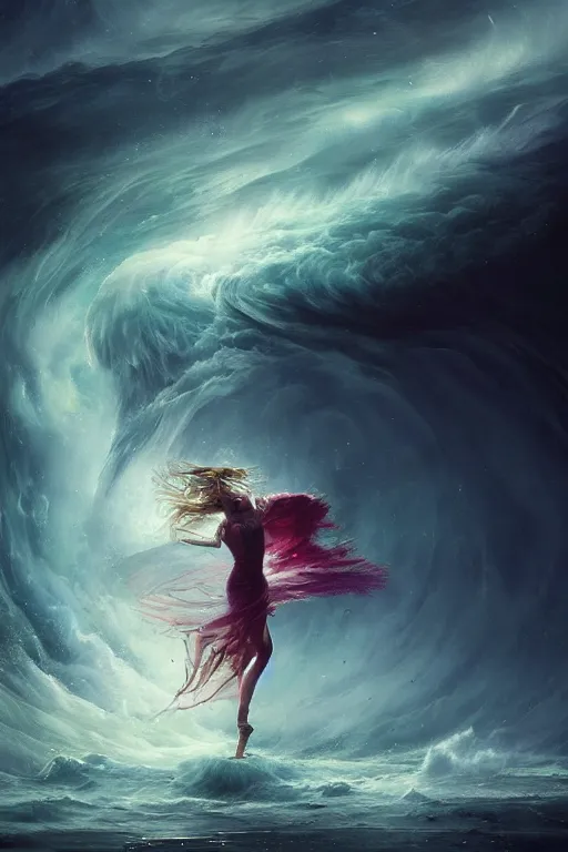 Image similar to a fractal dancer in a tornado emerges from a stormy sea by artgem and greg rutkowski, vivid colors, trippy, nebula, trending on artstation