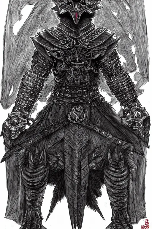 Prompt: armoured warrior crow monster, symmetrical, highly detailed, digital art, raven themed armour, sharp focus, trending on art station, kentaro miura manga art style