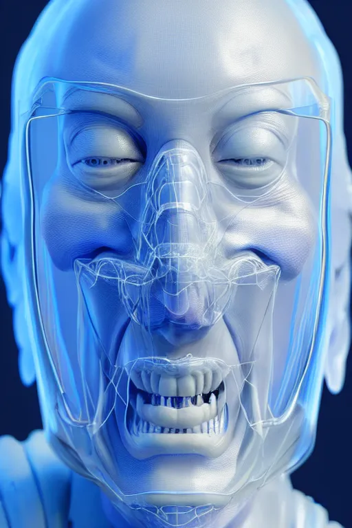 Prompt: hyperrealistic close-up translucent intricate exoskeleton!! smiling chinese man covered highly detailed concept art eric zener elson peter cinematic side soft blue light high angle hd 8k sharp shallow depth of field