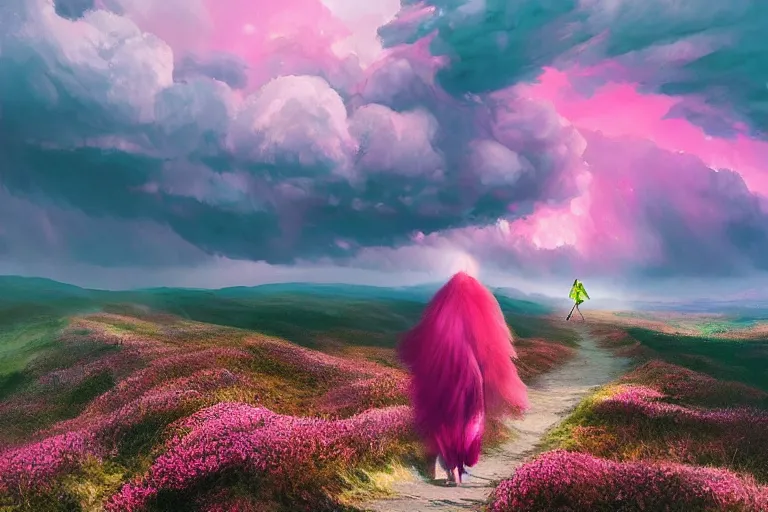 Image similar to giant dahlia flower on head, girl walking on mountain, surreal photography, pink storm clouds, dramatic light, impressionist painting, digital painting, artstation, simon stalenhag