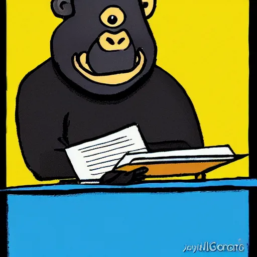 Prompt: a gorrila doing his taxes, cartoon, colorful, art