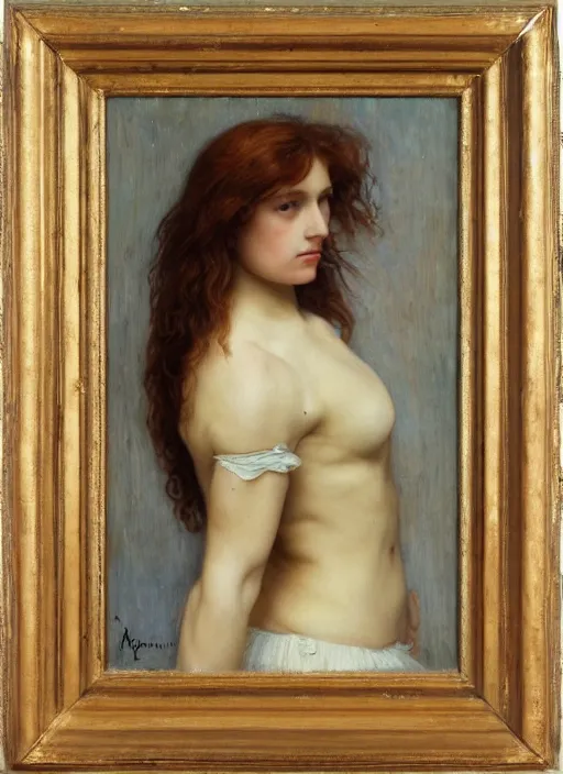 Image similar to Pre-Raphaelite young beautiful athletic female, oil