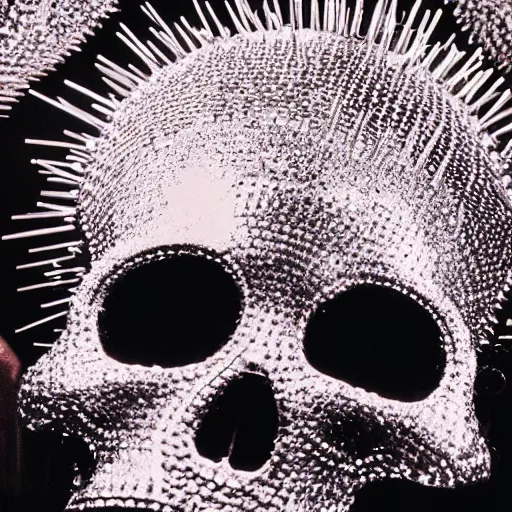 Prompt: a disco ball shaped like a skull full of long spikes, reflecting light in a nightclub, grainy film photograph