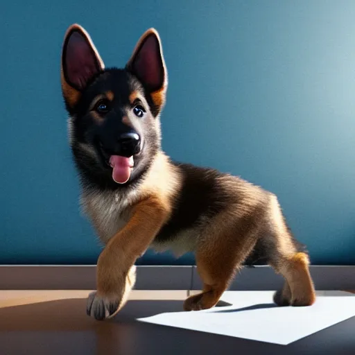 Image similar to eye - level view, a super cute gsd puppy ate my homework in my room and woke up the next day smart, hilarious, funny, back to school comedy, cg animation, 3 d octane render, imax 7 0 mm,