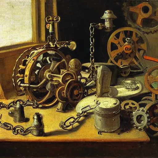 Prompt: A still life of a rusty robot, Pieter Claesz, William James Glackens, chains, gears